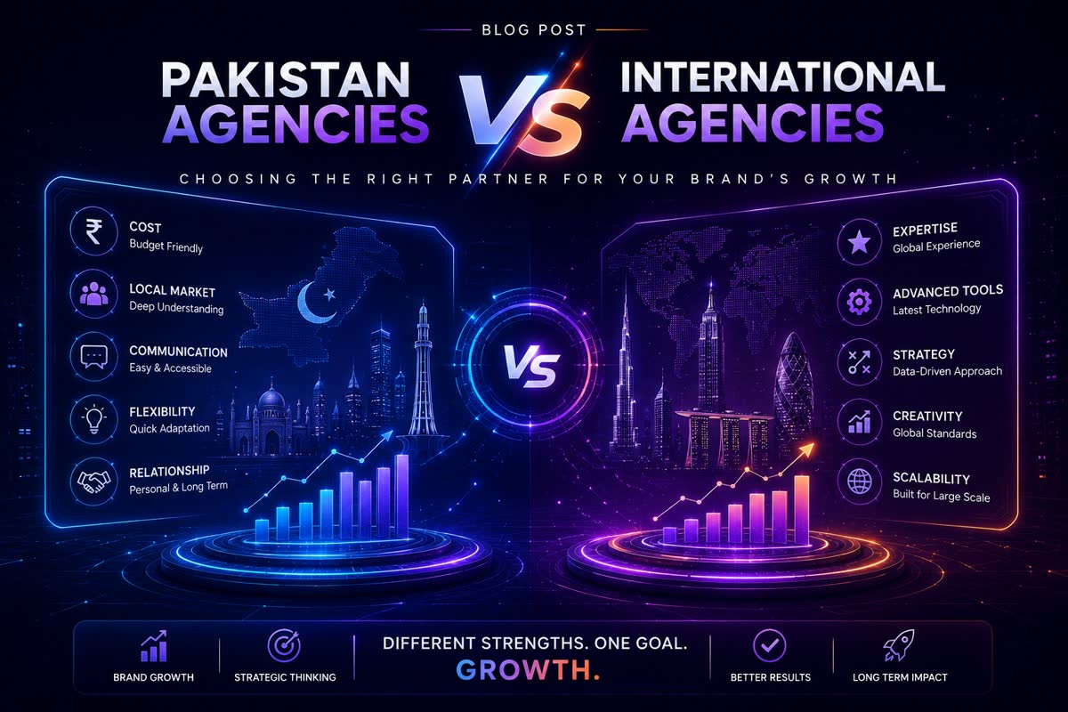 Infographic comparing Pakistan agencies versus international agencies across cost, expertise, tools and scalability