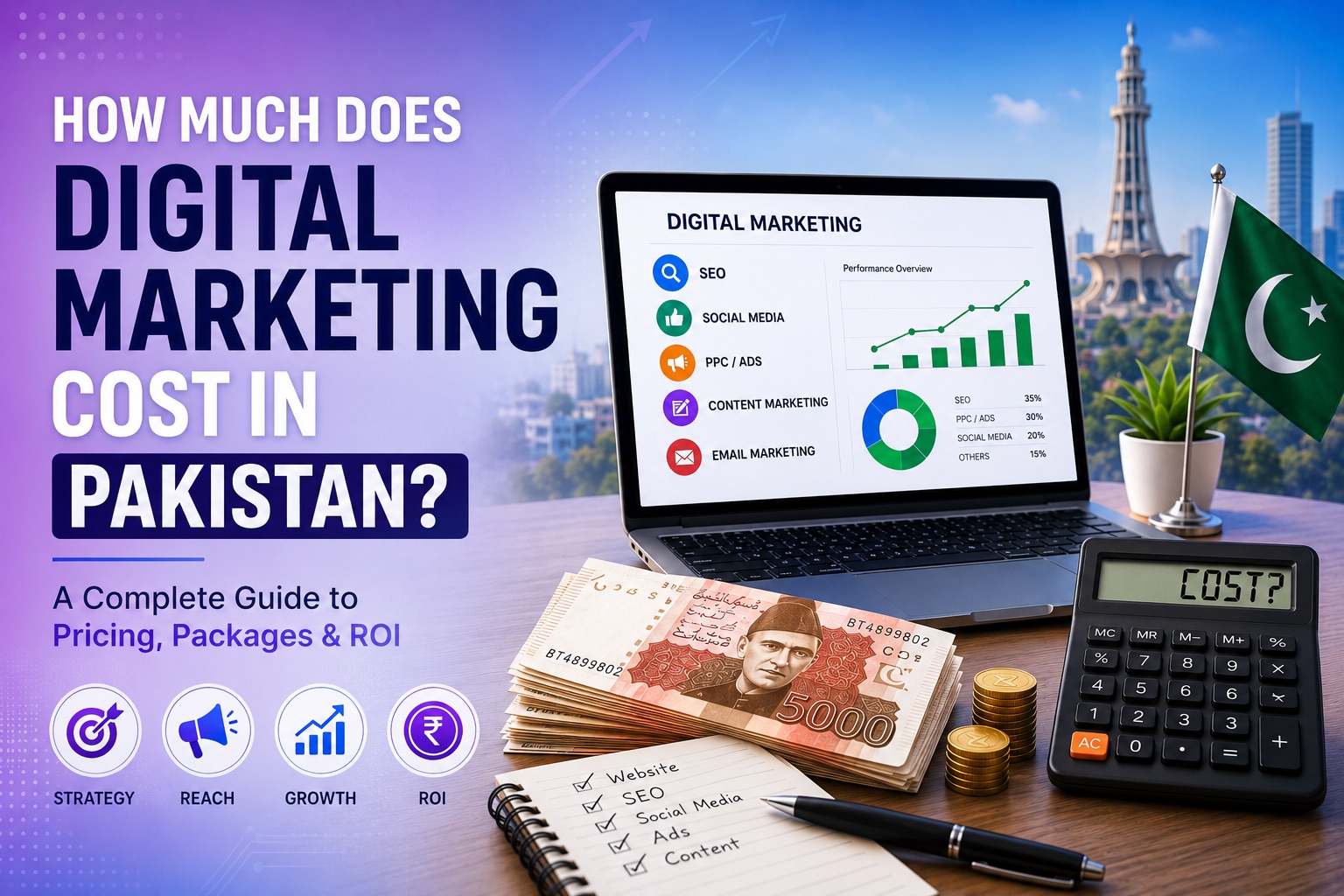 How much does digital marketing cost in Pakistan — a guide to pricing, packages and ROI, with PKR 5000 notes, a calculator and a laptop showing digital marketing services