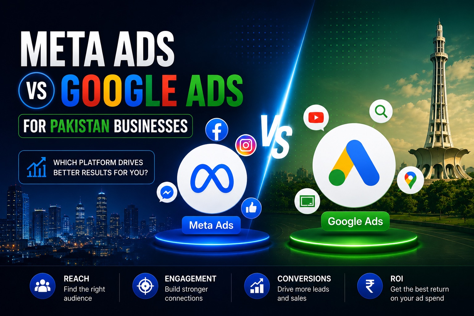 Meta Ads vs Google Ads for Pakistani businesses — Facebook and Instagram icons on one side, Google Search on the other, with PKR budget and conversion dashboard cards