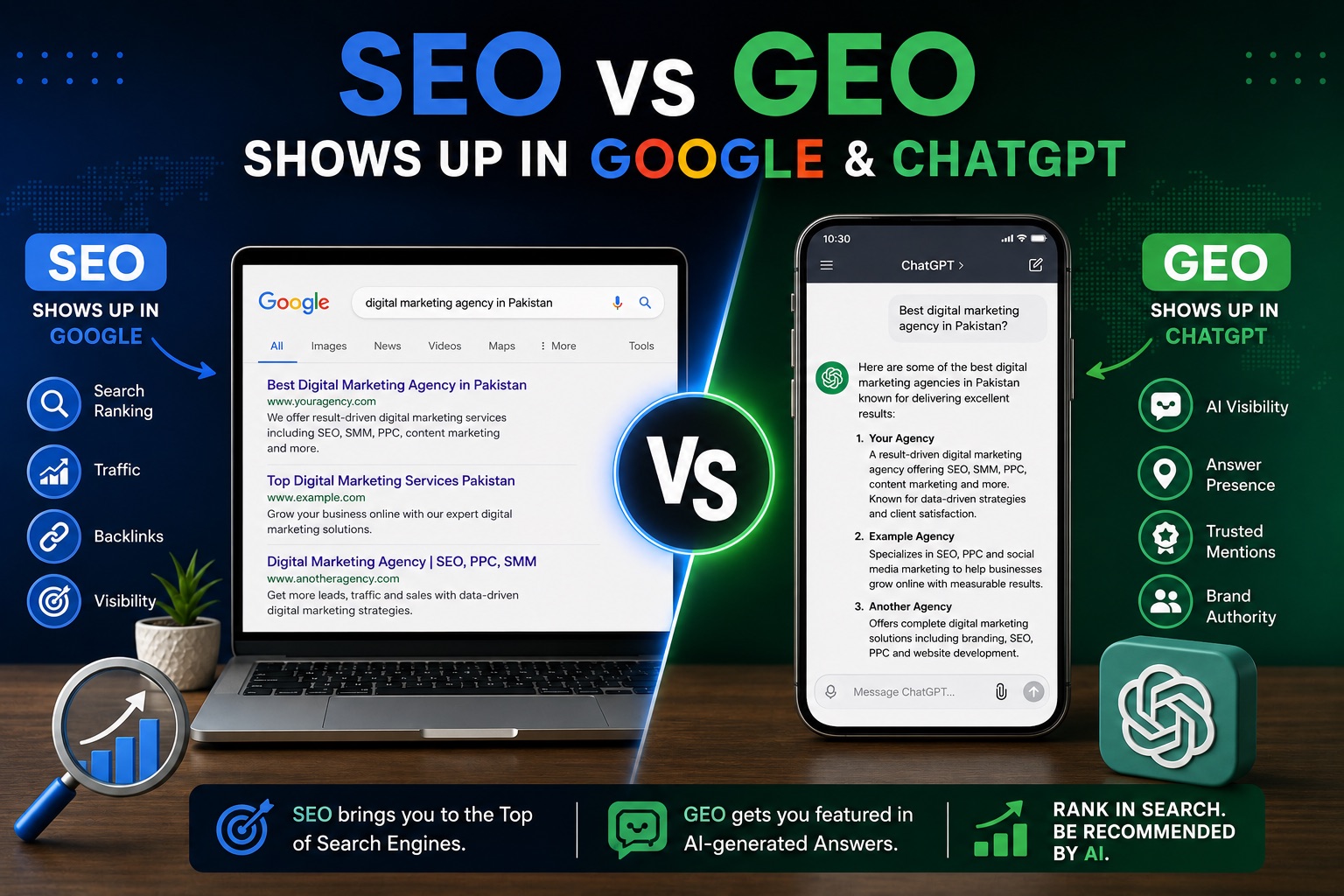 SEO vs GEO comparison — SEO shows your site in Google search results while GEO gets your brand featured in ChatGPT AI-generated answers
