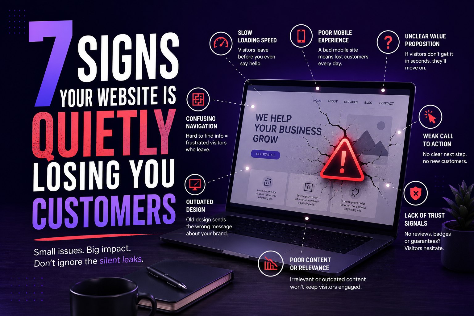 A business owner reviewing a slow, outdated website losing customers on desktop and mobile